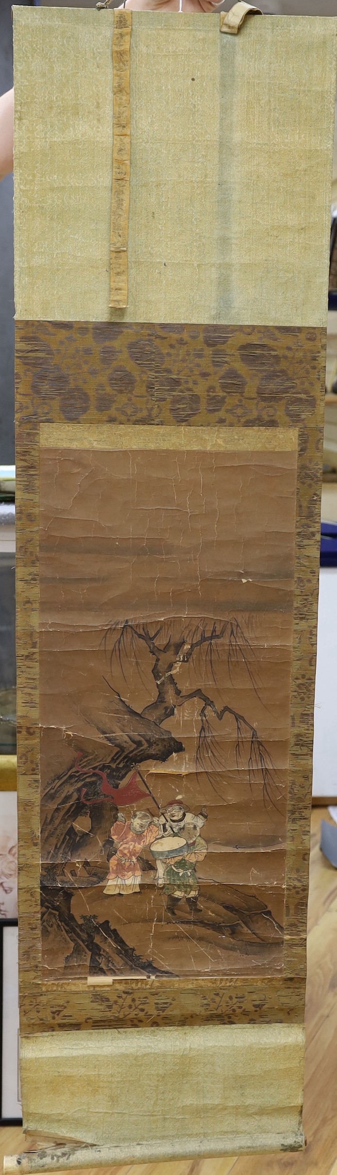 A 19th century Chinese scroll painting on paper of boys in a landscape, Image 69 cm X 31.5 cm